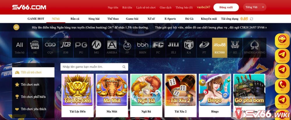 Sảnh game Rich88 Gaming tại nhà cái SV66