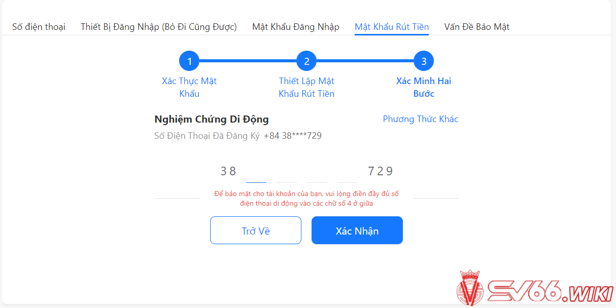 Xác nhận số điện thoại tại SV66